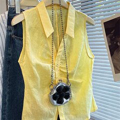 版时尚绝美黄色褶皱翻领无袖衬衫女夏季气质收腰显瘦背心上衣