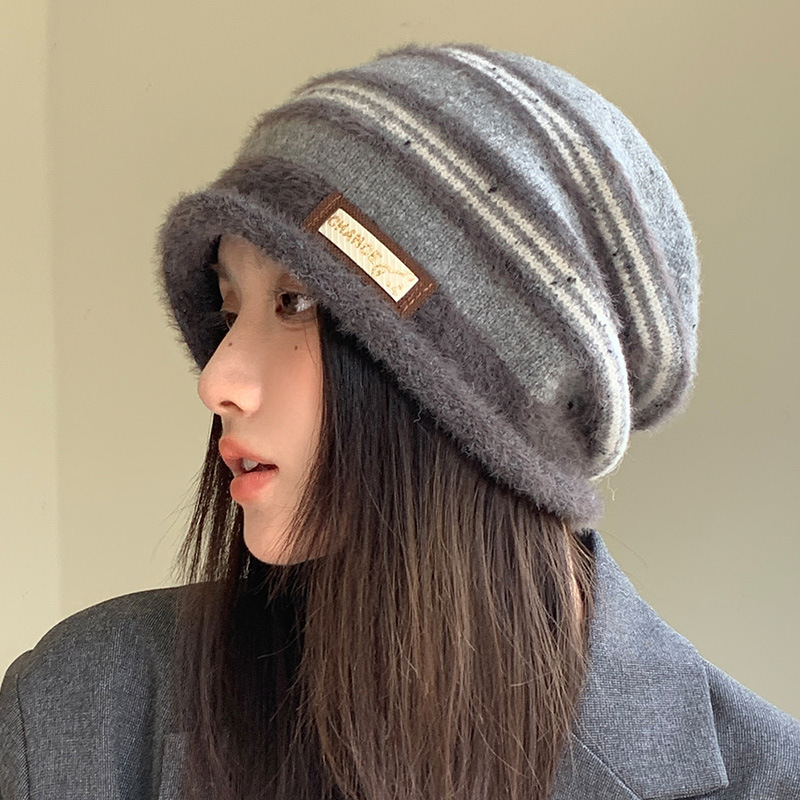 韩版秋冬帽子女款条纹针织帽大头围显脸小堆堆帽百搭保暖防风冷帽|undefined