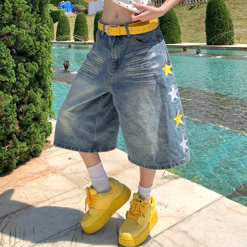 American-Style Star Embroidery Washed Denim Cropped Pants Summer Unisex Loose Straight Casual Wide-Leg Versatile Shorts Cotton American-Style Star Embroidery Washed Denim Cropped Pants Summer Unisex Loose Straight Casual Wide-Leg Versatile Shorts Cotton