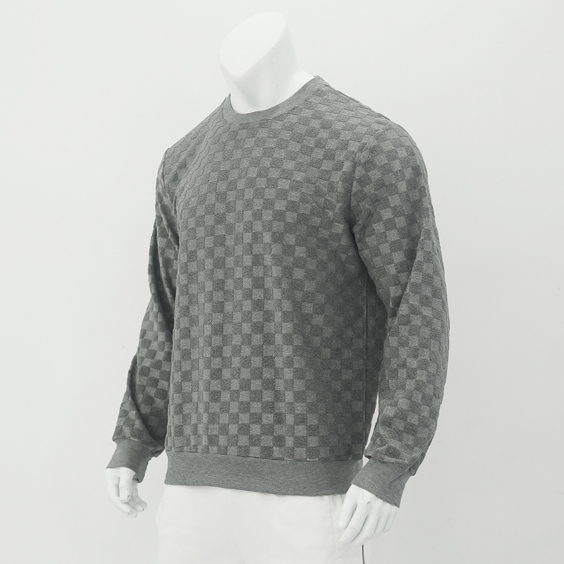 2024 Men's Spring and autumn  men's knitted shirt with jacquard chessboard plaid round neck casual bottom long sleeved top_voghion.com
