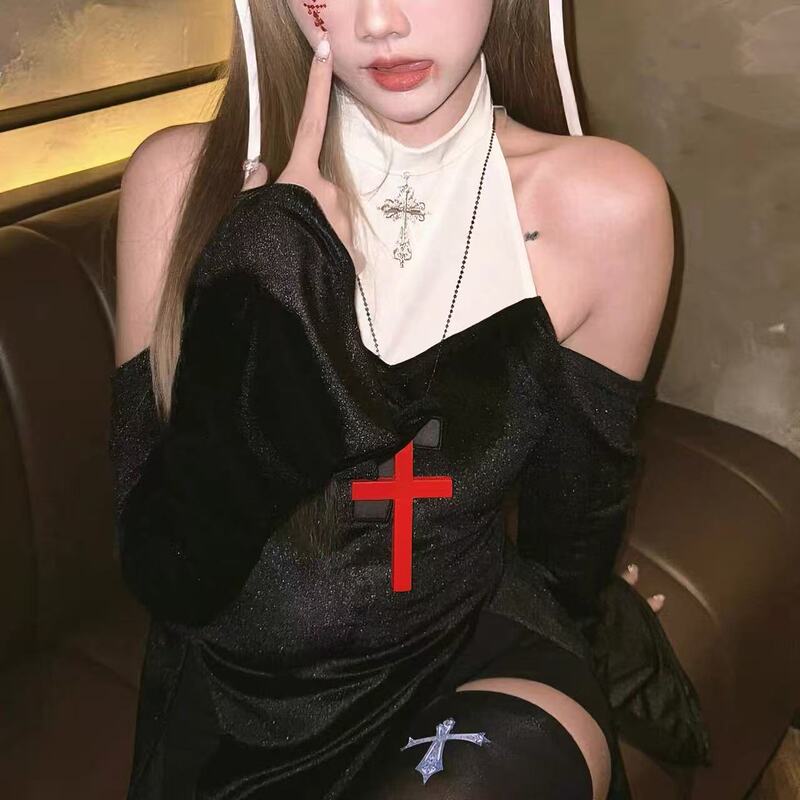 Retro Dark Wooden Cross Long Necklace Gothic Friends Y2K Subculture Clavicle Chain Halloween Accessories Retro Dark Wooden Cross Long Necklace Gothic Friends Y2K Subculture Clavicle Chain Halloween Accessories