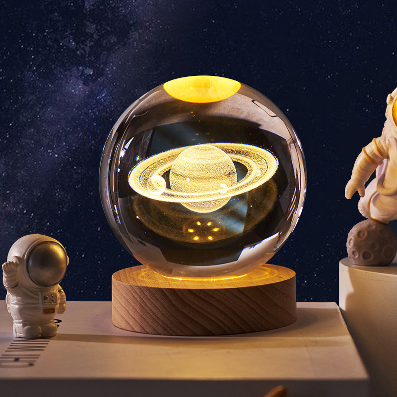 创意usb夜灯激光内雕发光水晶球摆件宇宙星空月球太阳银河系礼物