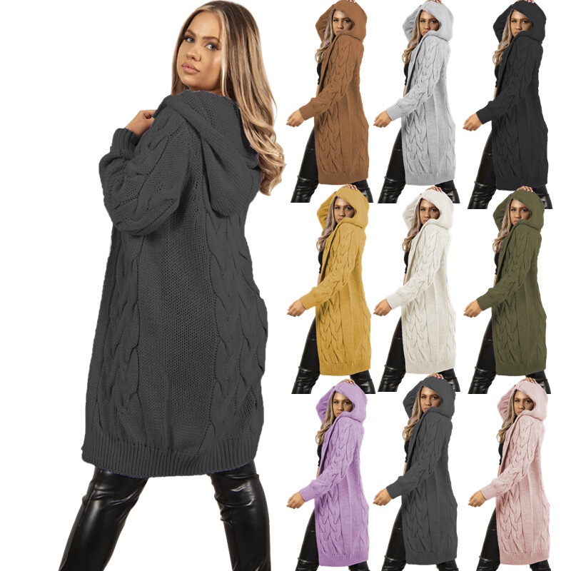 Cross-Border Foreign Trade Autumn and Winter Women's New Cardigan European and American Braided Lazy Style Hooded Mid-Length Cardigan Sweater for Women