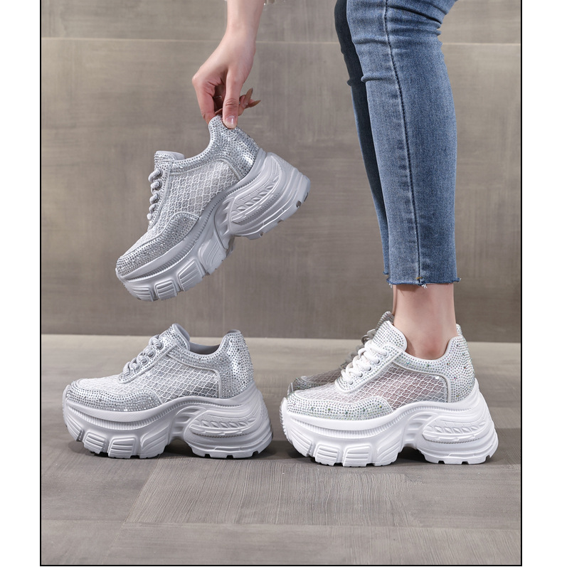 Giày sneaker nữ đế dày lưới thoáng khí đính đá rhinestone — Màu trắng chi tiết 17