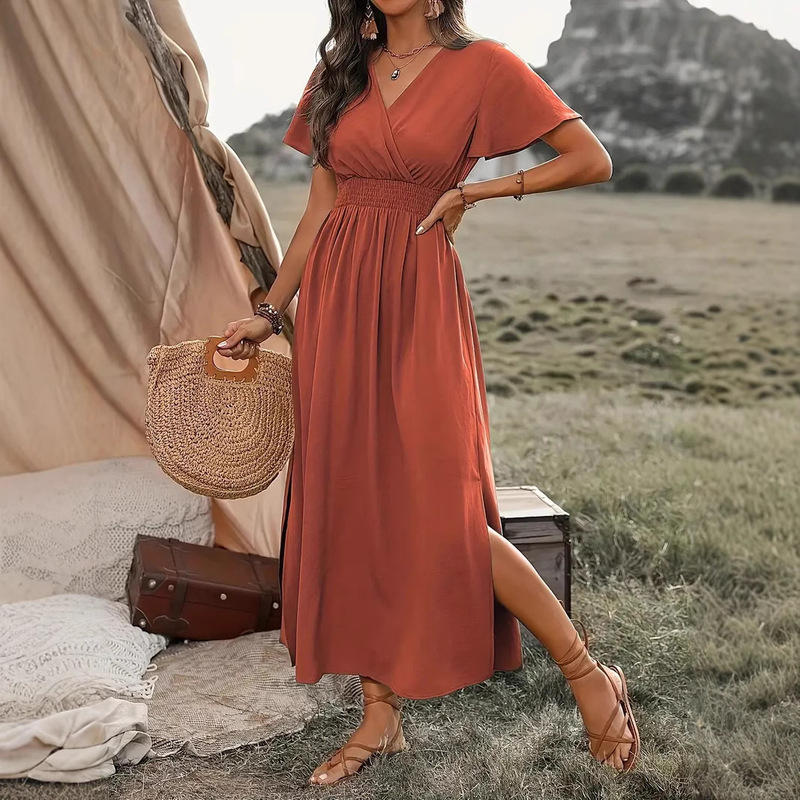In-Stock Cross-Border European and American Women's Clothing Amazon 2025 Summer New V-Neck Long Dress Casual Vacation Short-Sleeve Dress
