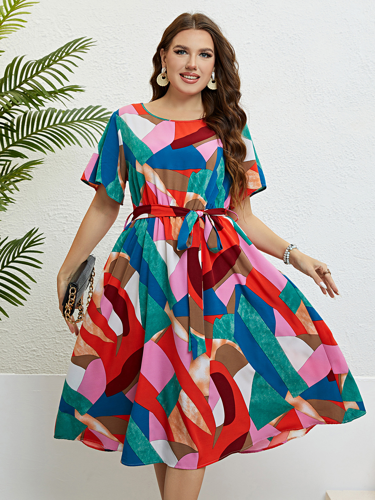 Swing Dress Casual Round Neck Printing Short Sleeve Printing Midi Dress Street display picture 6