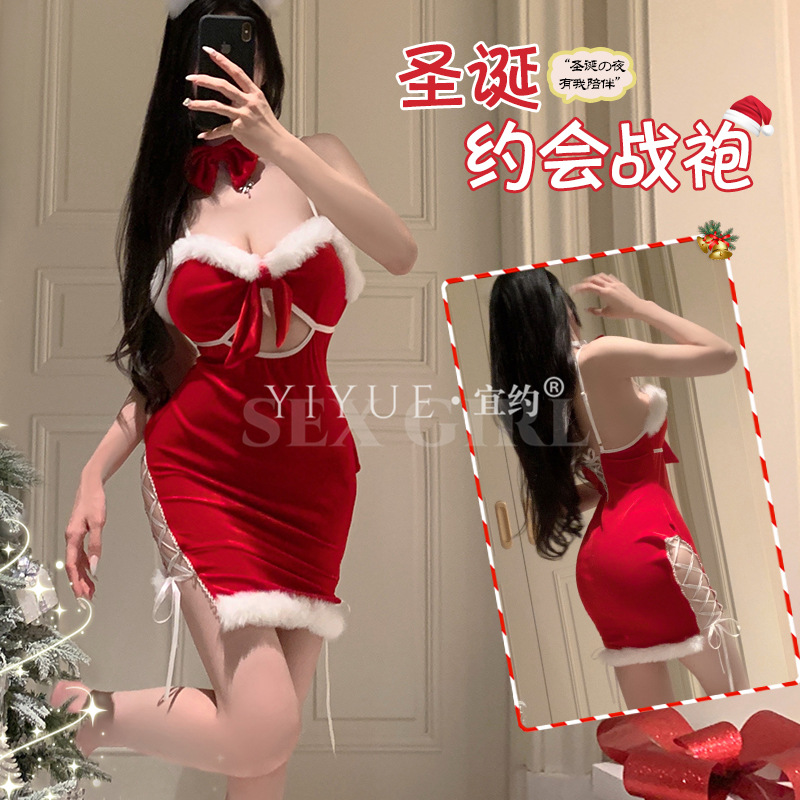 Yiyue 오리지널 크리스마스 의상 섹시한 여자아이 드레스 유니폼 유혹적인 섹시한 속옷 끈 잠옷 세트 1103