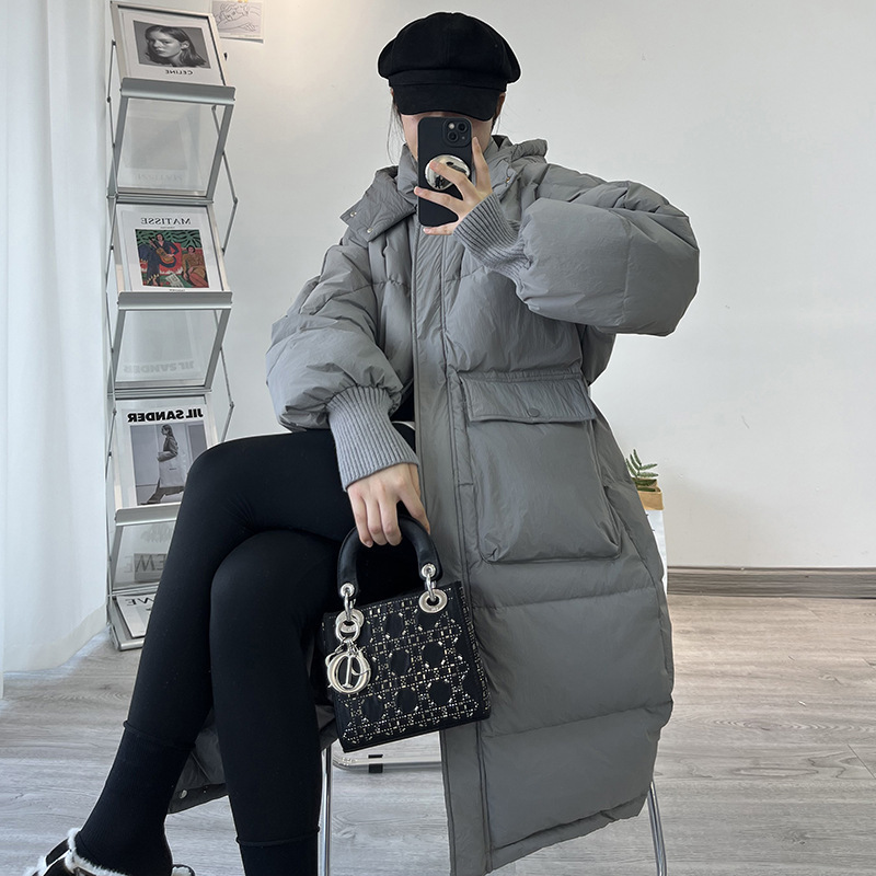 Korean Style Floral Cap down Jacket for Women, Mid-Length New Thickened Hooded Large Pocket Ribbed Sleeve Warm Over-The-Knee Coat Korean Style Floral Cap down Jacket for Women, Mid-Length New Thickened Hooded Large Pocket Ribbed Sleeve Warm Over-The-Knee Coat