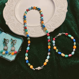 vintage中古多巴胺彩色天然珍珠巴洛克项链手链银耳钉耳环套装女