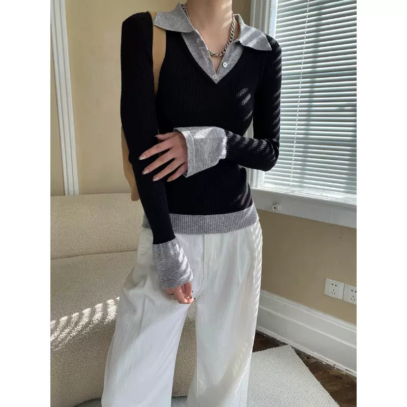 司南 早秋新款 撞色设计感假两件POLO翻领修身显瘦针织衫 SN6907
