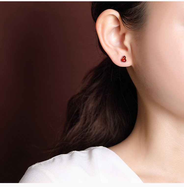 Bông tai bạc S925 mạ vàng hình hươu đính hổ phách máu cổ điển — Kiểu màu bạc chi tiết 6