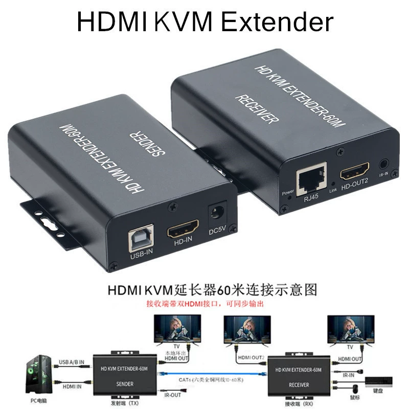 60-метровый четный HDMI KVM 60M Extender сетевой кабель RJ45 к HDMI USB удлинитель двойной выход