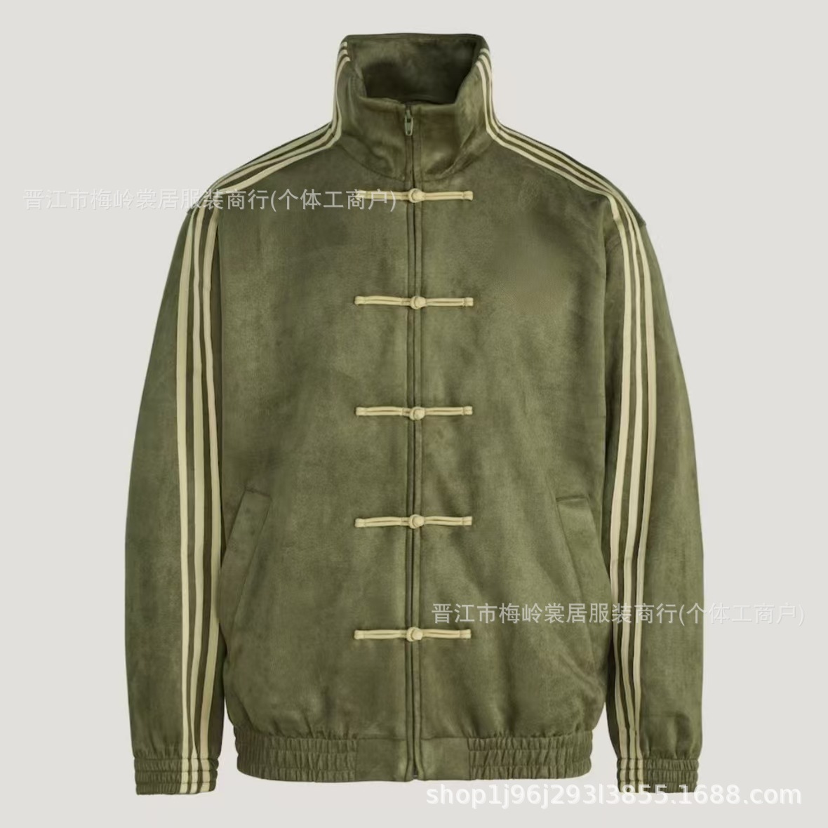 Generic Neo-Chinese Suede Striped Stand Collar Frog Button Jacket Green