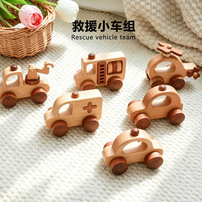 Wooden toy car, inertia pushcart, 0-3 year old baby police car, grip, unpainted solid wood toy car, ambulance