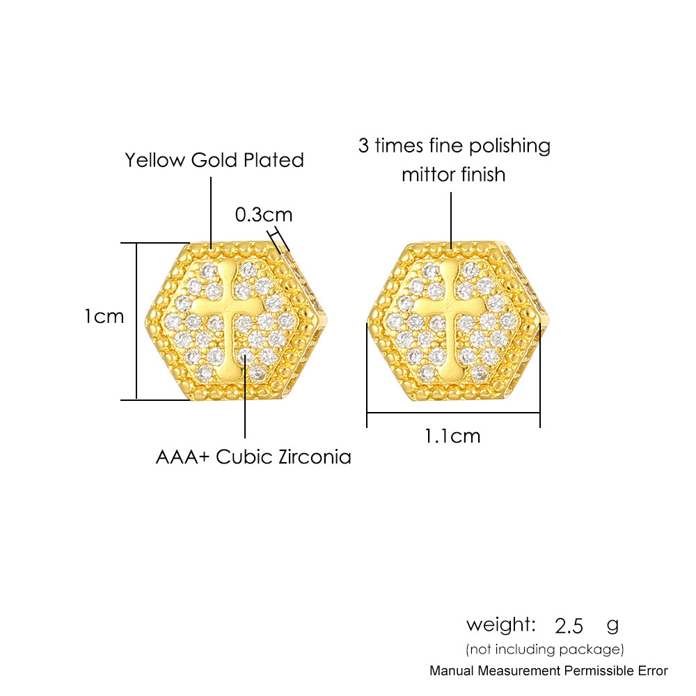 Cross Zircon Hip Hop Stud Earrings For Men Gold Plated Hexagonal_voghion.com