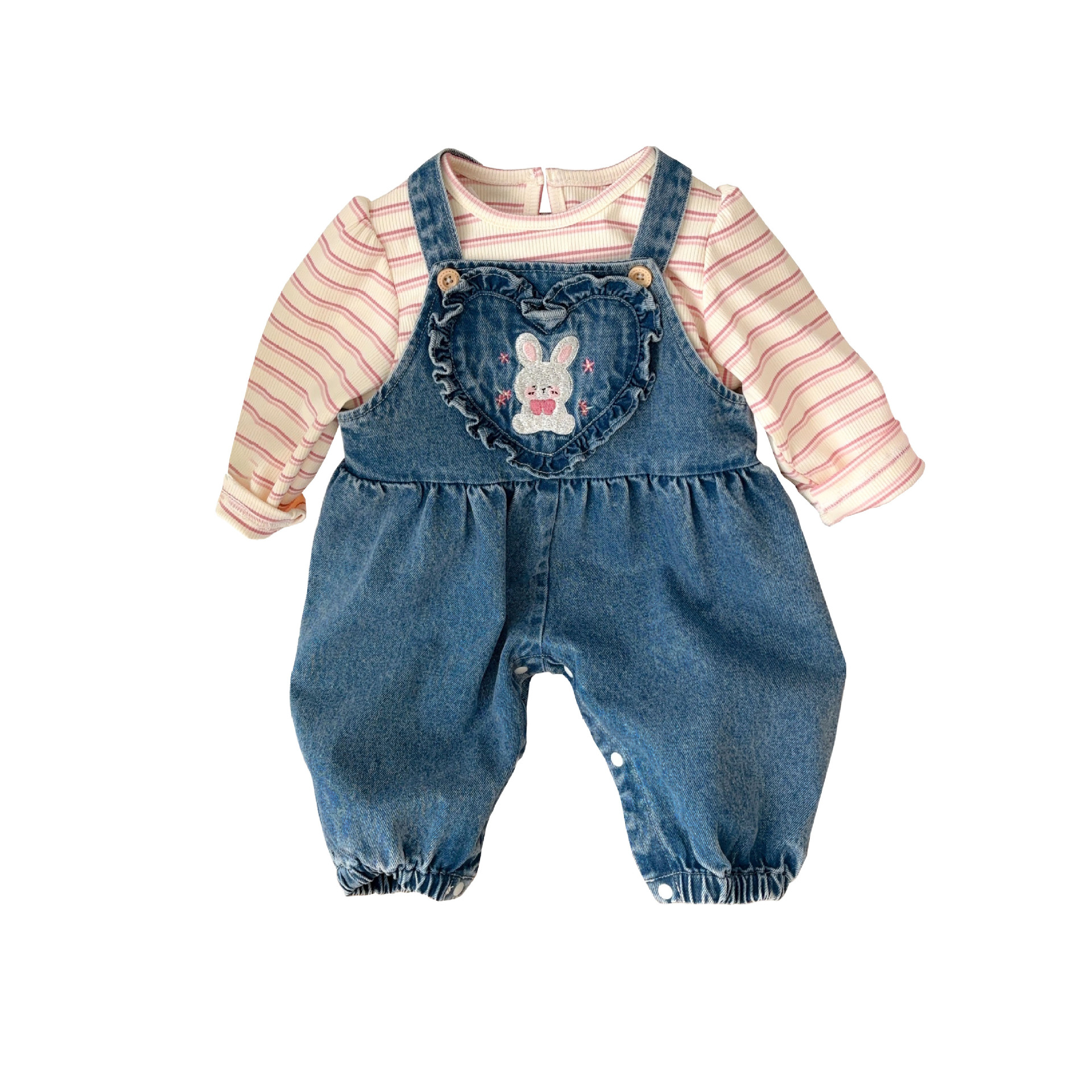 Ropa de primavera para niños, estilo occidental, versión coreana, lindo conejo bordado, nuevo traje de primavera, traje de mono de dos piezas para bebé femenino
