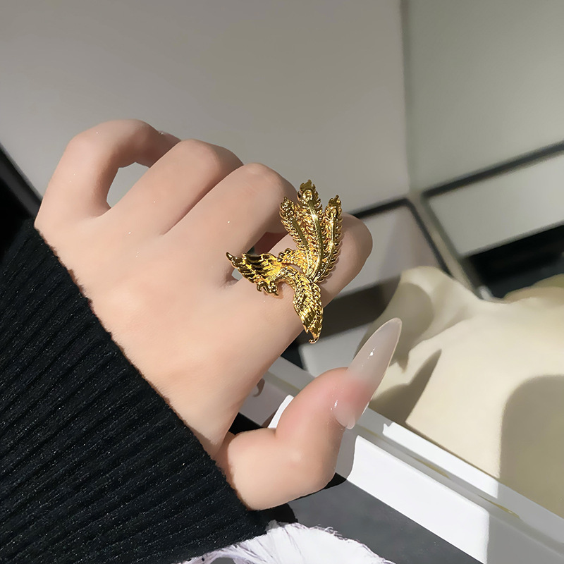 新中式鳳凰花邊戒指女款婚嫁風金色戒輕奢可調節仿真金色食指戒