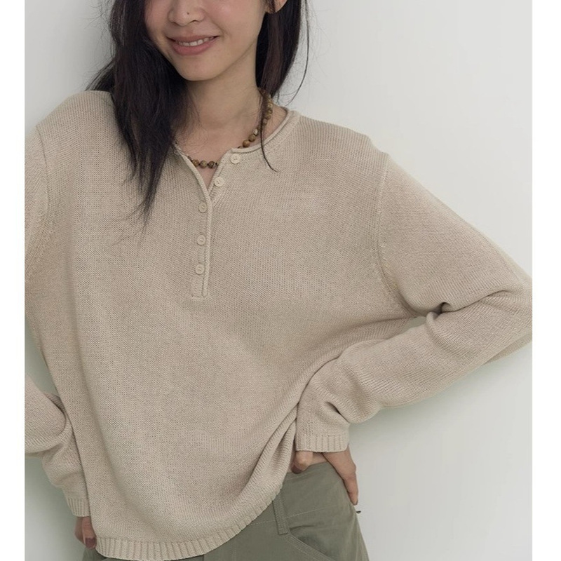 Fw25 Subtle Touch Eco-Friendly Paper Twist Yarn Button Front Collar Long-Sleeved Knitwear