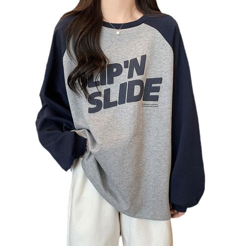 Women's Long Sleeve Oversized Collared Contrast Color T-Shirt with Lettering and Soft Texture, Trendy and Youthful Women's Top