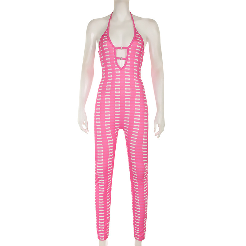 Sexy Women Clothing Barbie Pink Striped Contrast Color Deep V Plunge neck Hollow Out Cutout out Tight Braces Halter Jumpsuit Skinny Trousers