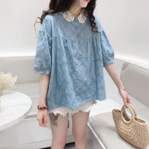 Doll Top Korean Style Loose Sweet Lace Collar Stitching Embroidery Solid Color Cotton Linen Doll Collar Shirt Women's Short Sleeve