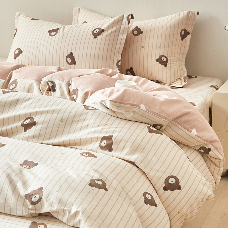 Cama de algodón de cuatro piezas, pequeña y fresca 2025 nueva funda de edredón de algodón, sábana, sábana, sábana, ropa de cama de dormitorio de tres piezas 4