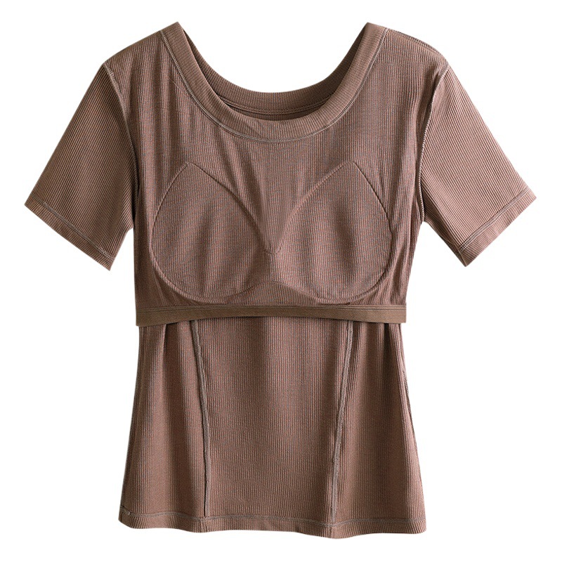 Modal thread short sleeve shoulder T-shirt with chest pad women's summer thin wear-free bra plus size outer wear top