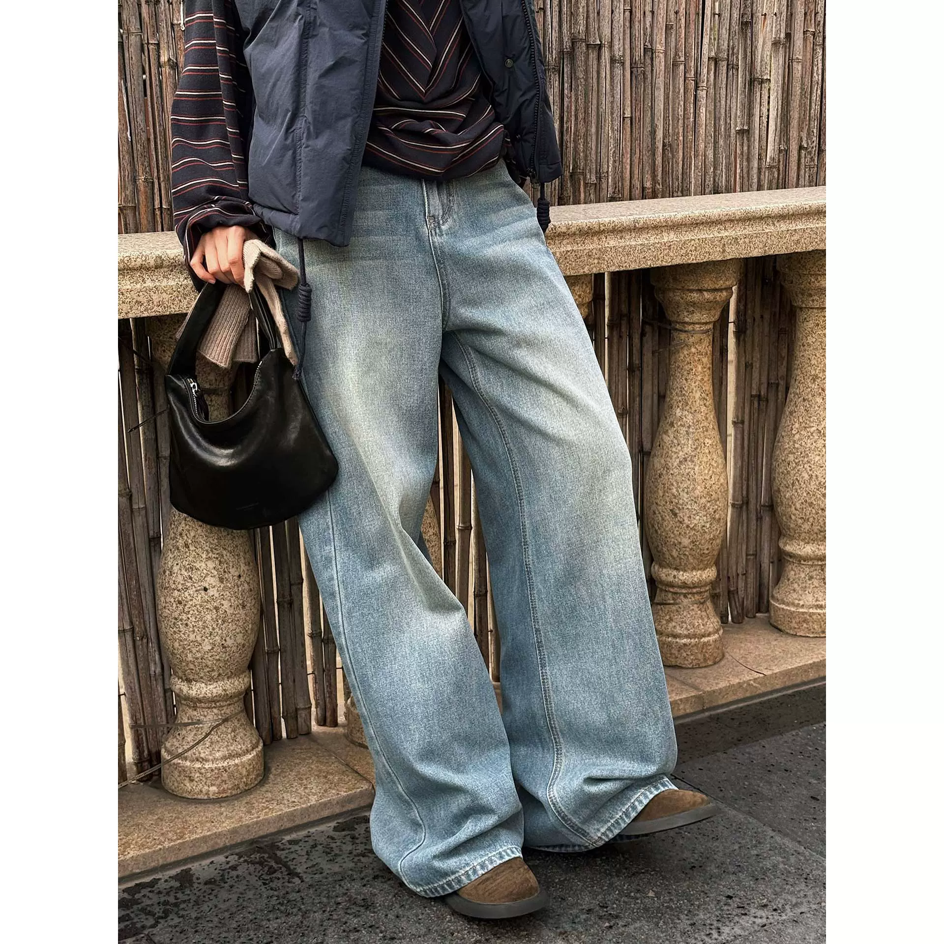 卢浮早春新款韩系简约时髦做旧层次水洗直筒牛仔裤宽松廓形长裤女