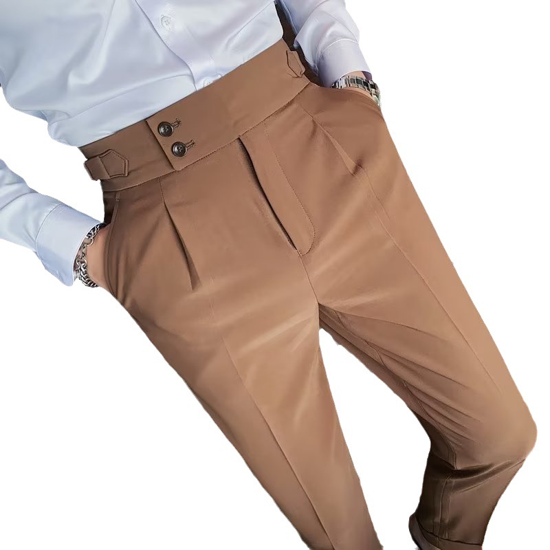Nápoles traje pantalones de los hombres de estilo coreano slim fit pantalones ajustados otoño retro de cintura alta de negocios de color sólido pantalones casuales rectos