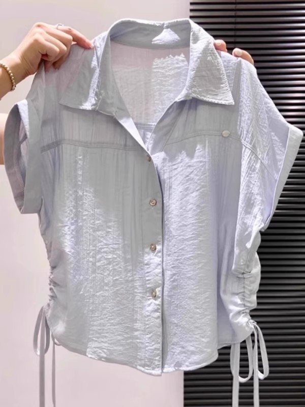 蓝色短款短袖多巴胺上衣女2025夏法式掐腰娃娃衫明媚独特Polo衬衫|undefined