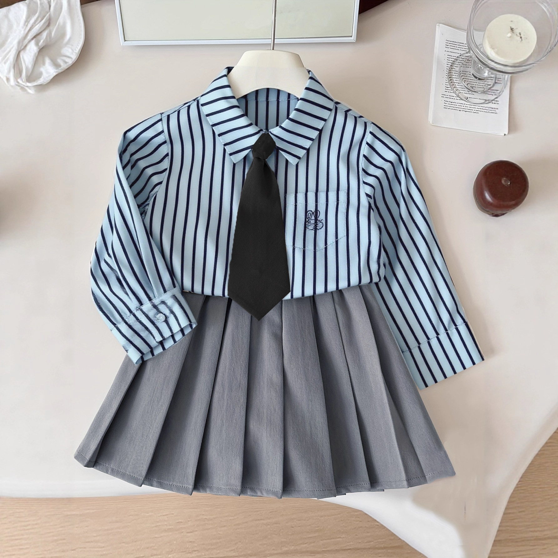 小女孩学院风套装裙2024秋季新款女宝宝洋气条纹衬衫百褶裙两件套