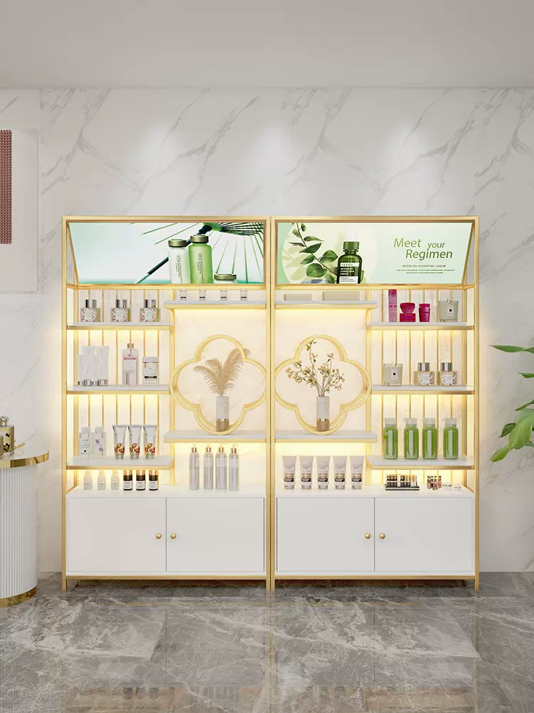 美容院产品带灯展示柜置物架美甲店轻奢化妆品展示架落地柜子货架