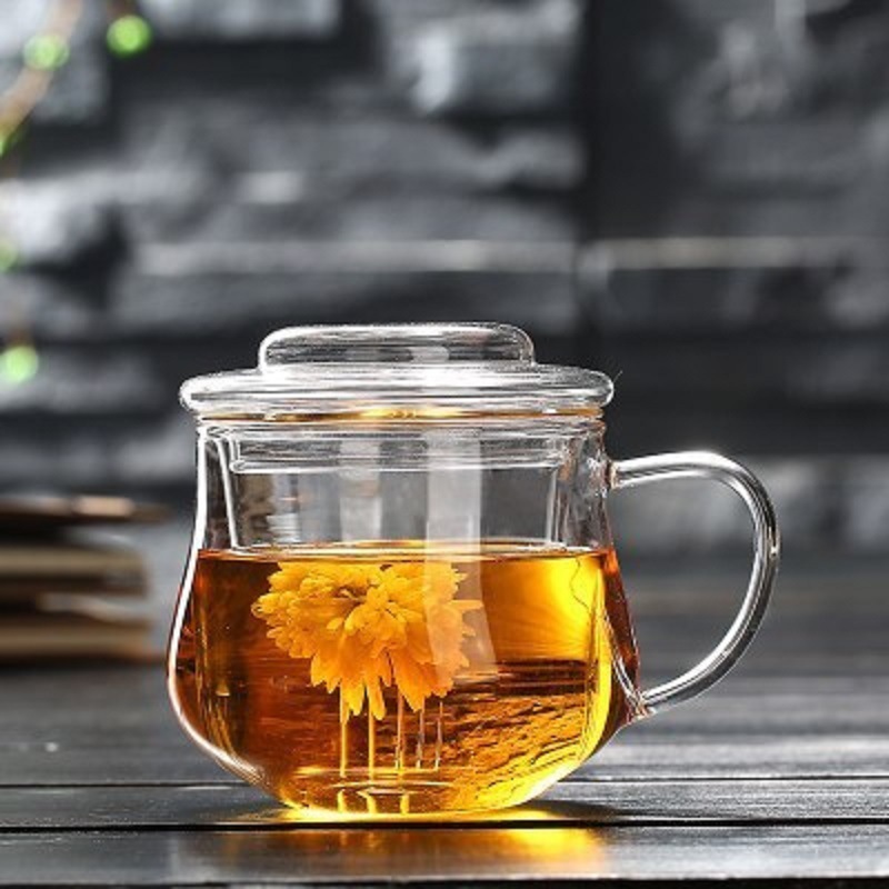 Vidrio taza de té de vidrio con mango flor taza de té redonda taza divertida taza de tres piezas taza de té taza de agua de oficina con tapa