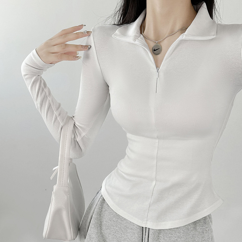 黑色长袖t恤女2025新款秋季修身显瘦翻领美式辣妹上衣内搭打底衫|undefined