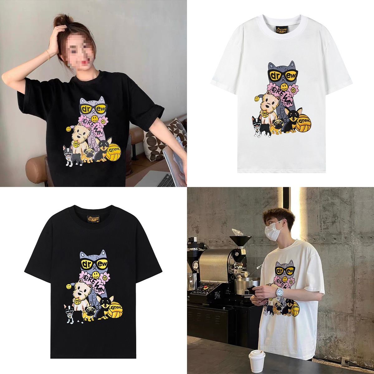 Drew House Tshirt卡通小狗印花笑脸T恤男女情侣美式潮牌夏季短袖