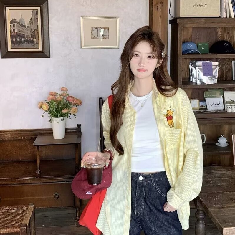 Vintage Irregular Pocket Dopamine Bear Embroidery Shirt Jacket for Women 2026 New Loose Fit Women's Shirt