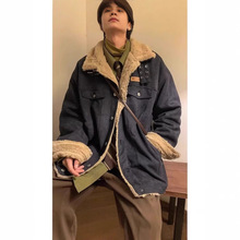 藏青色毛绒棉服男士冬季新款宽松保暖棉衣麂皮绒棉袄子冬装外套