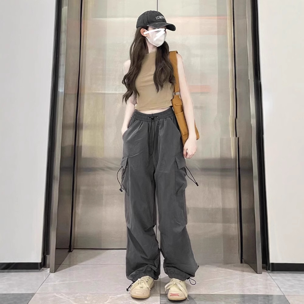 다크 그레이 얇은 빠른 건조 바지 바지 여성용 초가을 짧은 하이 허리 낙하산 바지 미국 스트레이트 팬츠