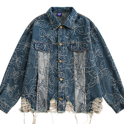 Cross-Border Trendy Brand 2024 Autumn New Japanese Retro Washed Frayed Ripped Denim Jacket Trendy Casual Jacket