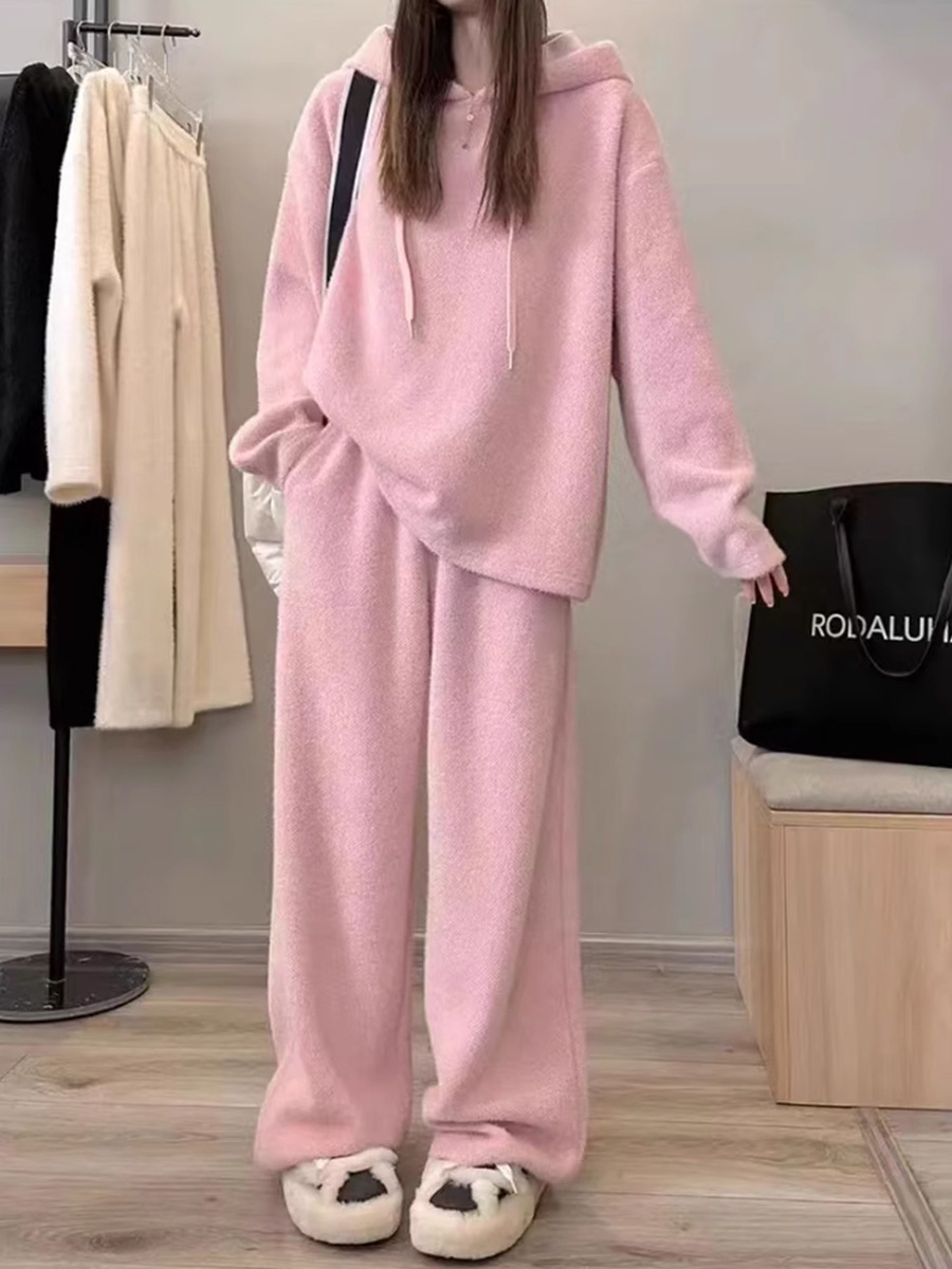 2025 Spring and Autumn Lazy Style Solid Color Loose Slim Soft Waxy Stuffed Hooded Top High Waist Casual Pants Two-Piece Set for Women