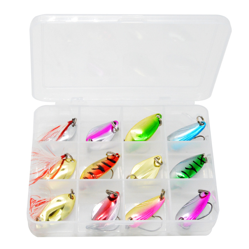 批發12格盒裝馬口亮片套裝MKTZ路亞餌硬餌漁具羽毛彩色鱒魚亮片