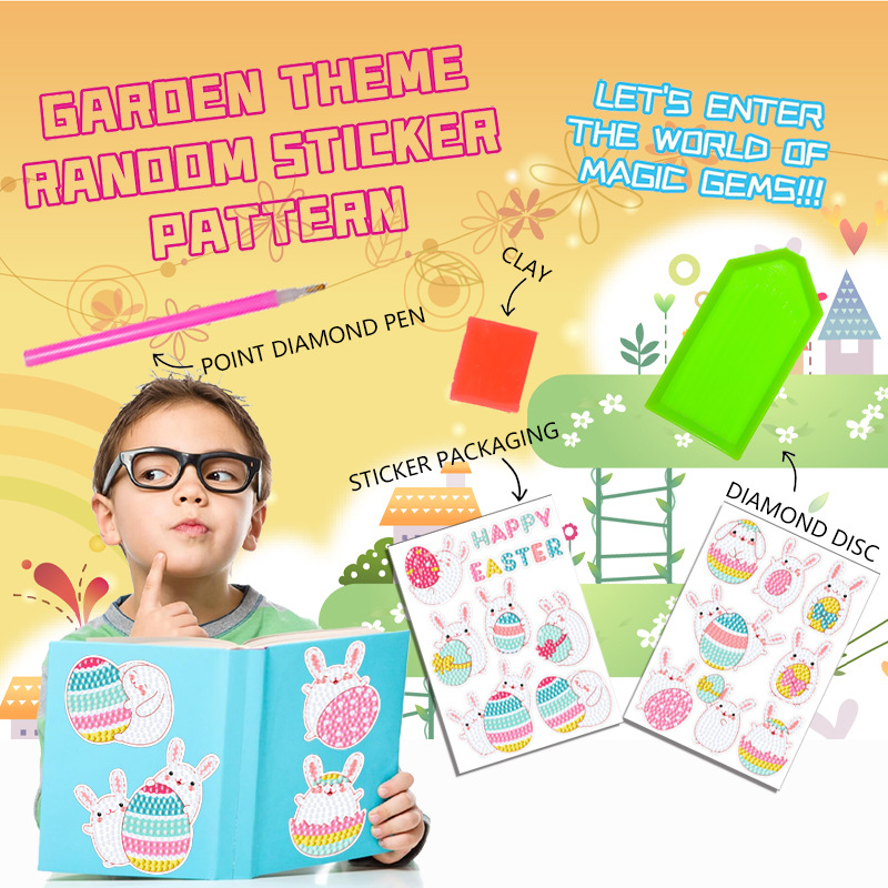 Venta caliente de dibujos animados huevo conejo diamante pintura libre pegatinas DIY pegatinas de pared niños hechos a mano pegatinas diamante redondo