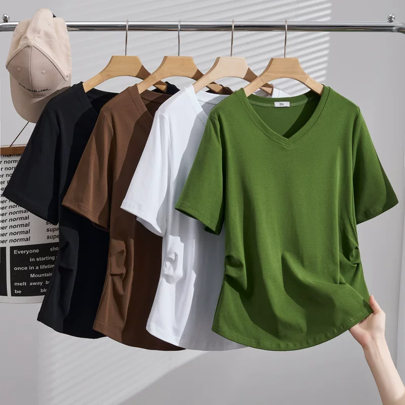 Летняя oversize футболка с коротким рукавом для отдыха, размера плюс, облегающий крой, V-образный вырез