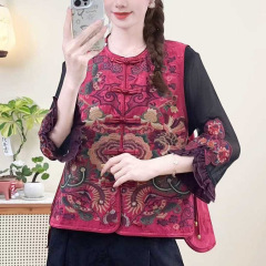 2025 夏の新スタイル中国風重工業刺繍ノースリーブチョッキ単層ラウンドネック女性のエスニックスタイルサテンベスト