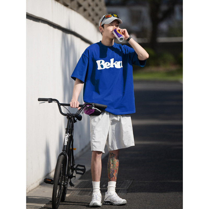 BENKENDERY simple printing solid color cotton 300g heavy round neck loose short sleeve T-shirt men's and women's fashion line BENKENDERY simple printing solid color cotton 300g heavy round neck loose short sleeve T-shirt men's and women's fashion line