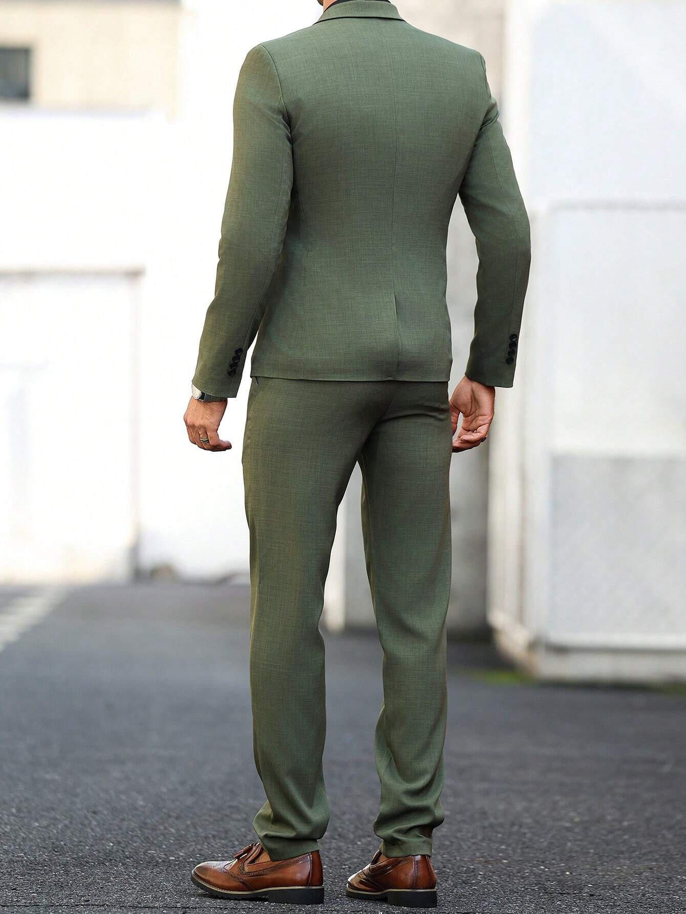 Men's Dark Green Business Suit Set For Gentleman Solid Color_voghion.com