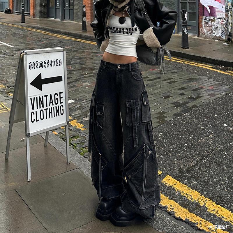 American High Street Style Black Workwear Jeans for Women, Loose Retro Floor-Length Wide-Leg Pants with Multiple Pockets, Street Fashion Retro Brand American High Street Style Black Workwear Jeans for Women, Loose Retro Floor-Length Wide-Leg Pants with Multiple Pockets, Street Fashion Retro Brand