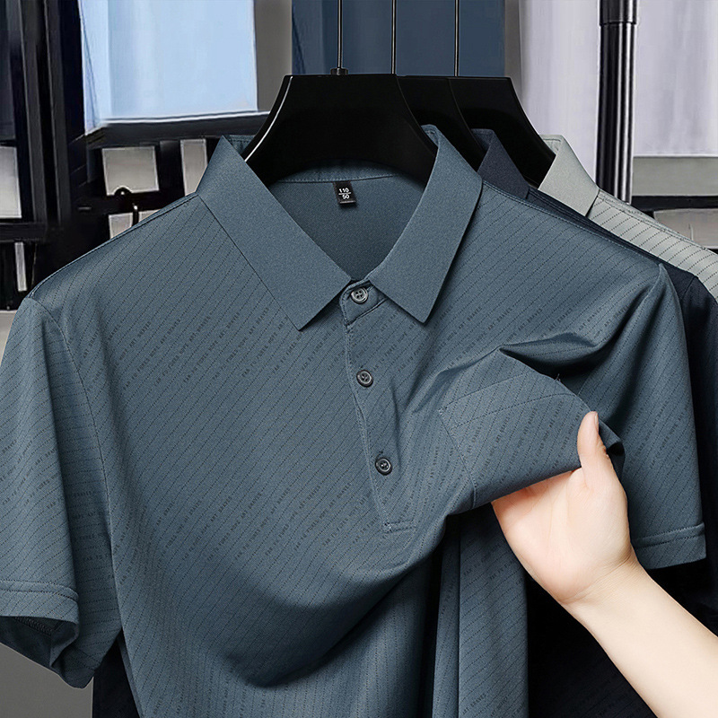 Ice Silk Summer Cool Real Pocket Short-sleeved T-shirt Men's Breathable Oblique Striped Polo Shirt Pullover Dad's Short-sleeved T-shirt