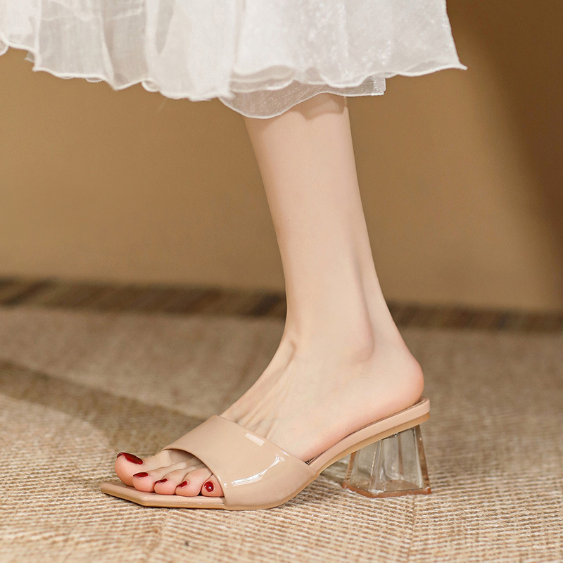 2023 Summer new sandals women's square toe rhinestone transparent pvc crystal heel chunky heel with high heels