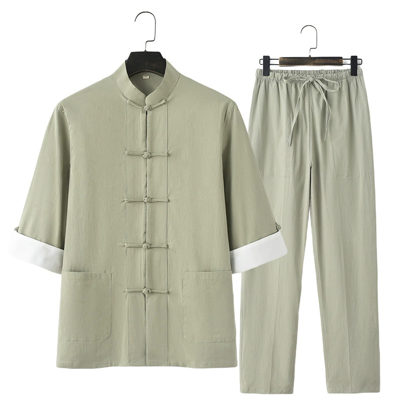 Мужской комплект одежды в китайском стиле из хлопка и льна с короткими рукавами, льняной летний костюм Тан для мужчин молодого и среднего возраста, новый китайский стиль.